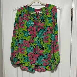 Lilly Pulitzer Vibrant Pink and Green Floral Blouse